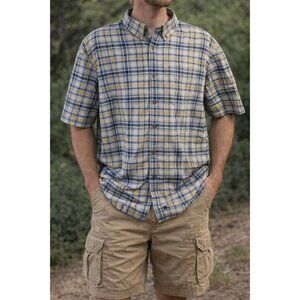 Cabelas Plaid Button Down Shirt 3XLT Blue Yellow Outdoors Dadcore Preppy Office